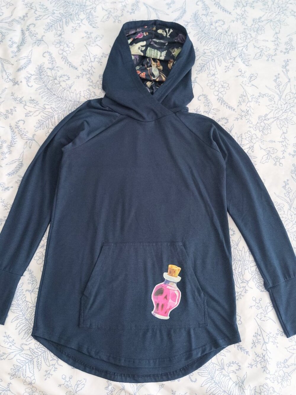 Navy Blue Lightweight Hoodie with Halloween Print Hood